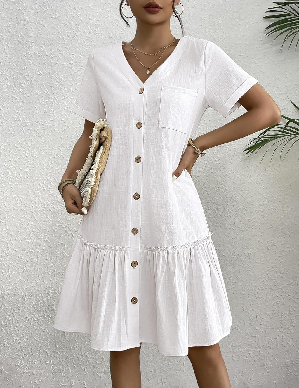 Lorenza Abito Donna – Vestito Lino Cotone, Bottoni, Volant, Casual Elegante