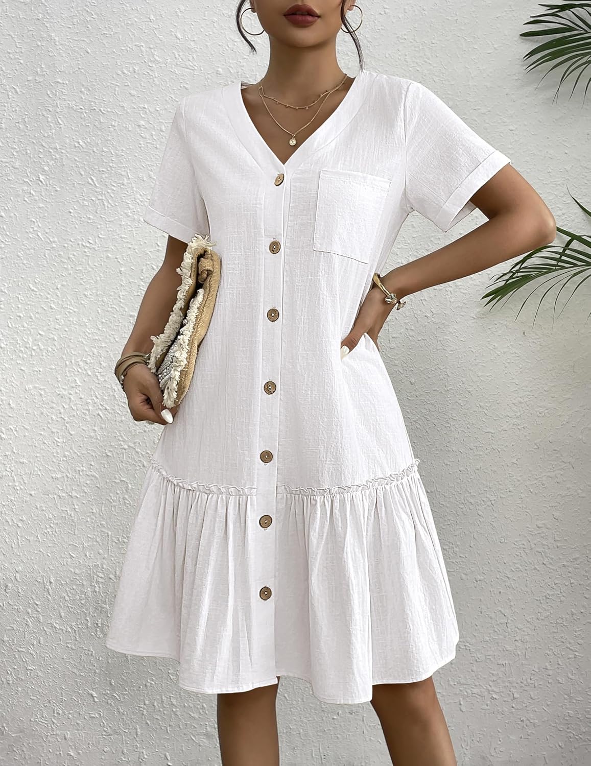 Lorenza Abito Donna – Vestito Lino Cotone, Bottoni, Volant, Casual Elegante