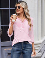 Blusa Elena para mujer – Mangas 3/4, escote henley, top casual elegante para trabajo