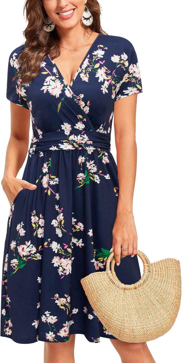Sophie Robe Femme Midi Portefeuille – Col V, Poches, Robe Fleurie Élégante