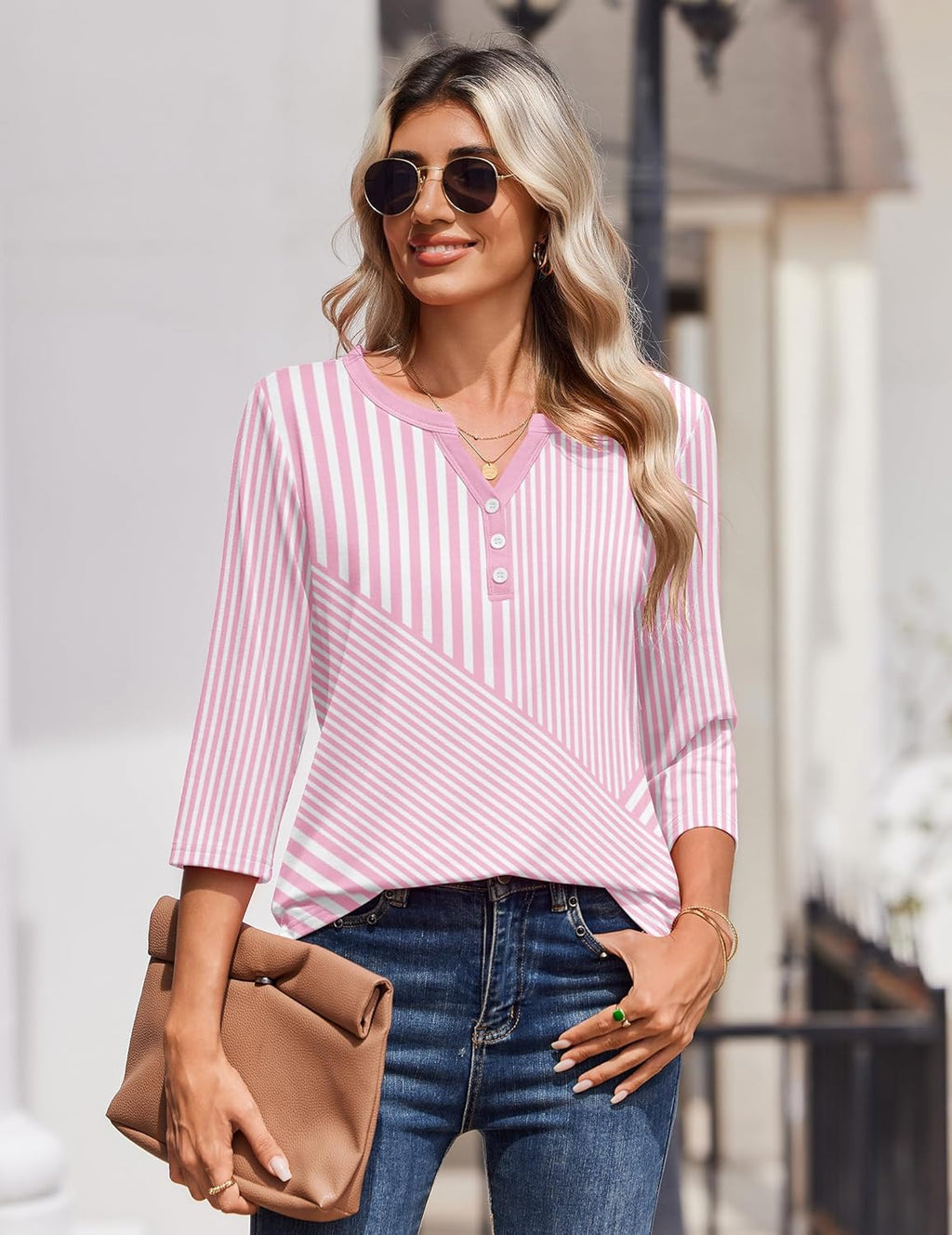 Blusa Elena para mujer – Mangas 3/4, escote henley, top casual elegante para trabajo
