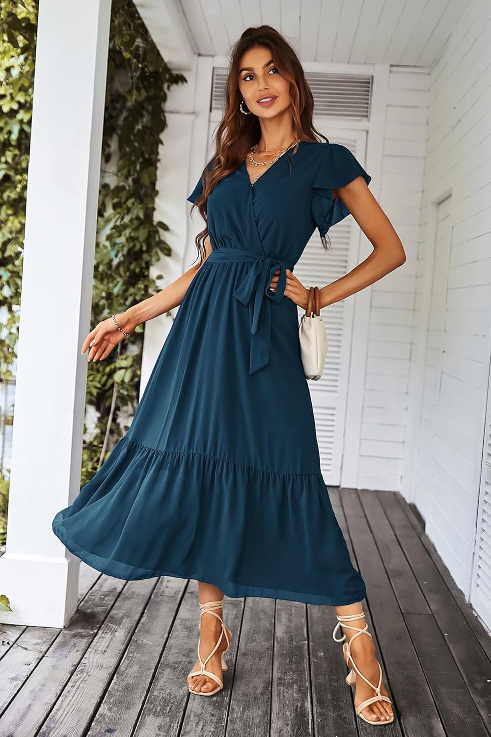 Valentina Vestido Boho para Mujer – Vestido Maxi Floral con Escote en V y Cinturón