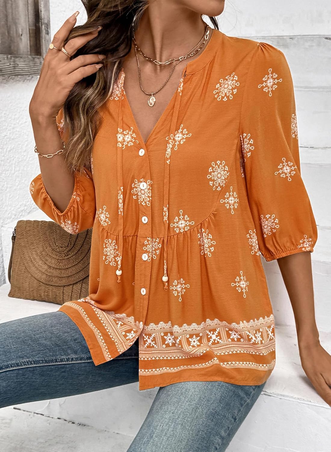 Serena Blusa Donna – Floreale Boho, Scollo V, Peplum Babydoll, Casual Chic
