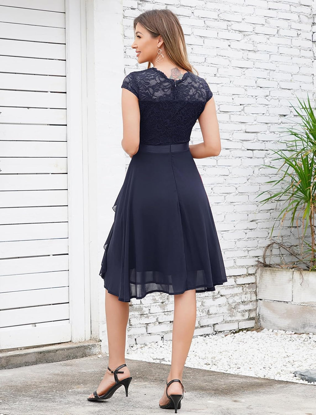 Élodie Robe Cocktail Femme – Robe Élégante en Dentelle avec Jupe en Chiffon