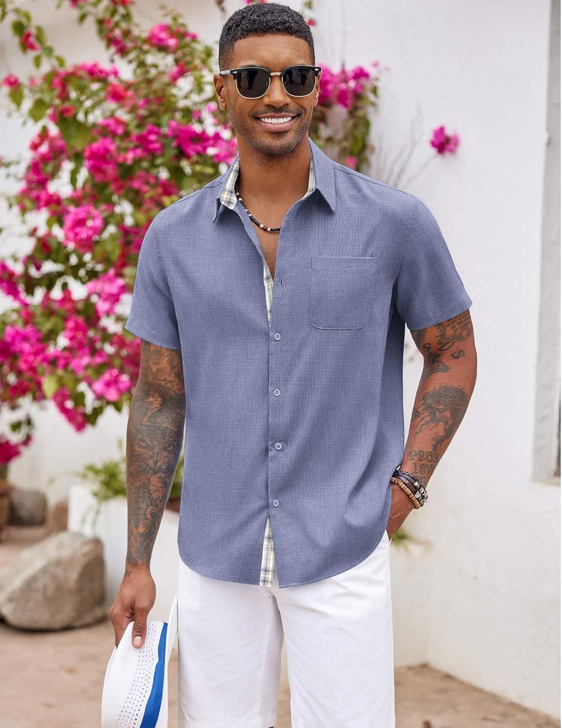 Camisa de hombre a cuadros – Camisa de verano de manga corta con bolsillo
