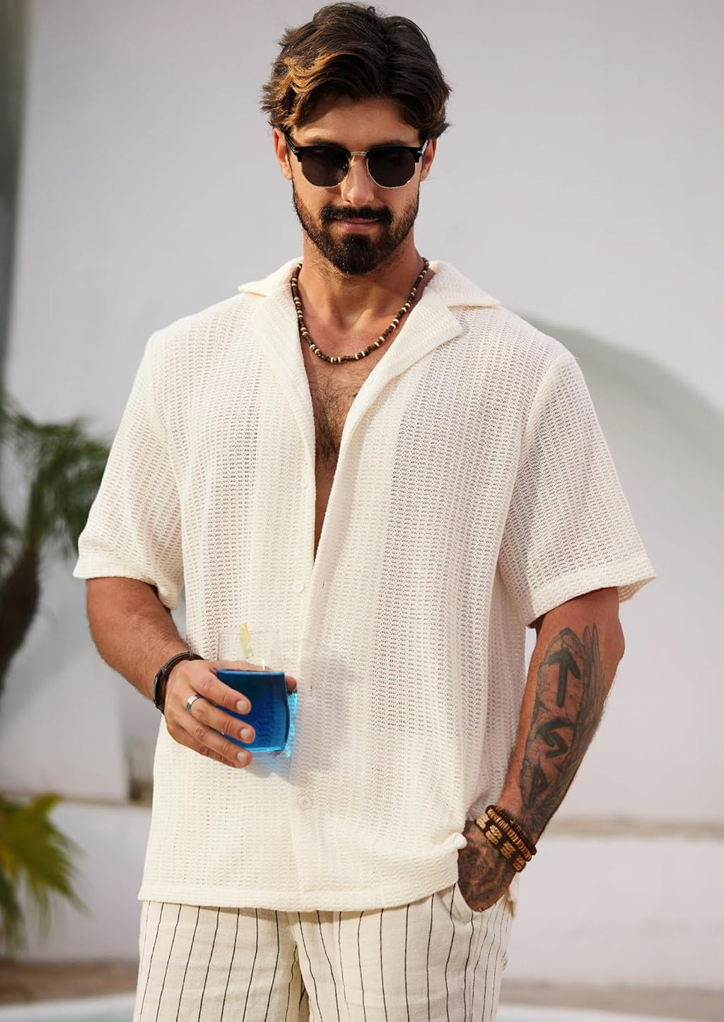 Lorenzo Camicia Crochet Uomo – Camicia Estiva in Maglia Traforata Stile Cuban