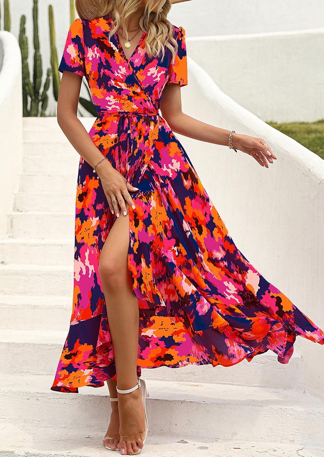 Madriana Women's Maxi Floral Dress – V-Neck, Wrap, Slit, A-Line Summer