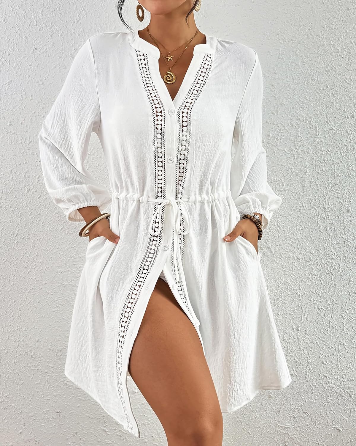 Elisa Vestido de Playa Mujer – Pareo con Escote en V, Botones, Cordón con Bolsillos