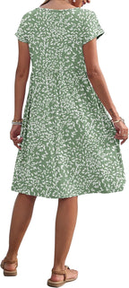 Mercedes Vestido Mujer Midi Casual – Mangas Cortas, Cuello Redondo, Bolsillos, Línea A de Verano
