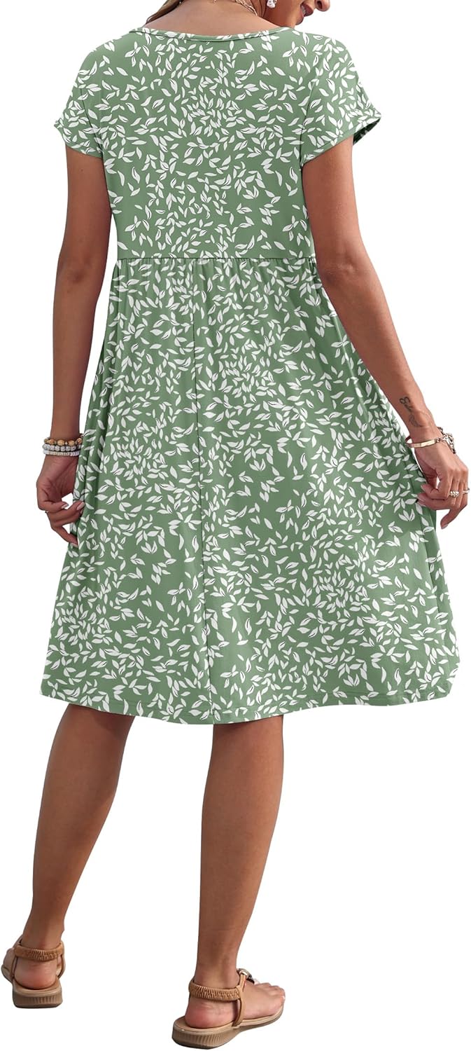 Mercedes Vestido Mujer Midi Casual – Mangas Cortas, Cuello Redondo, Bolsillos, Línea A de Verano