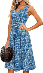 Melany Abito Donna Midi Floreale – Scollo V, Senza Maniche, Tasche Estivo
