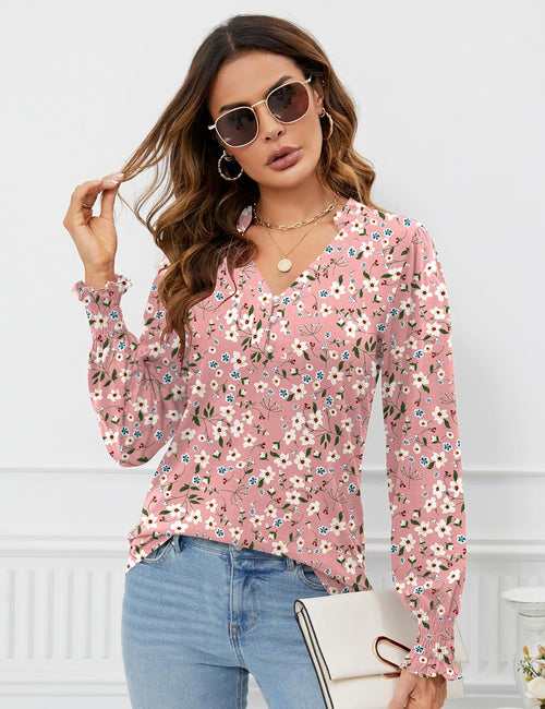 Beatrice Blouse Femme – Col V, Manches Longues Bouffantes, Tunique Élégante Décontractée