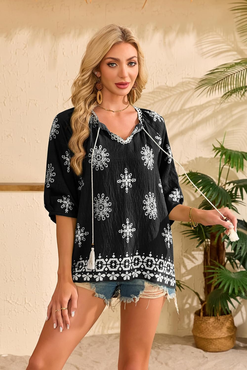 Alba Blusa Donna – Boho Floreale, Scollo V con Laccetto, Maniche 3/4 Casual