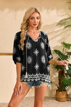 Alba Blusa Donna – Boho Floreale, Scollo V con Laccetto, Maniche 3/4 Casual