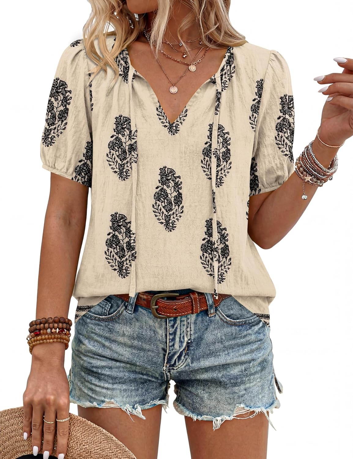 Blouse Bohème Femme Francesca – Col V avec Lien, Manches Bouffantes, Fluide Décontractée
