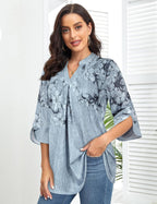 Martina Women's Blouse – V-Neck, 3/4 Sleeves, Pleated Floral Elegant Tunic