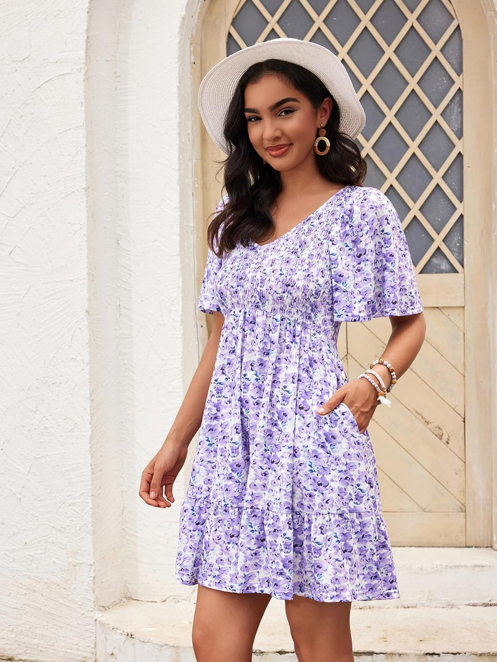 Robe Femme Martina Florale – Col V Smock, Manches Volantées, Ligne A Estivale