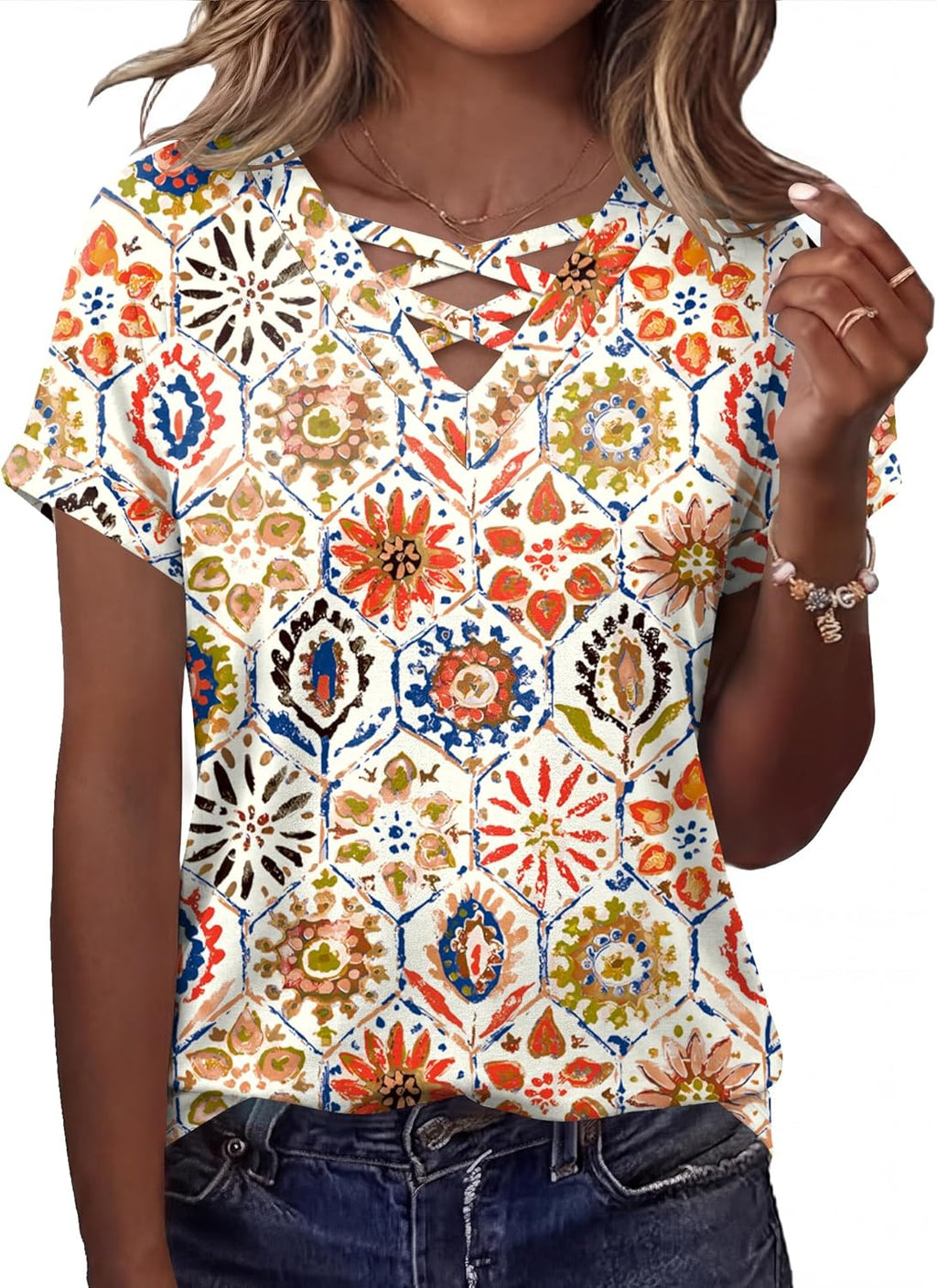 Francesca Pull Femme – Col V Croisé, Manches Courtes, Élégant Décontracté