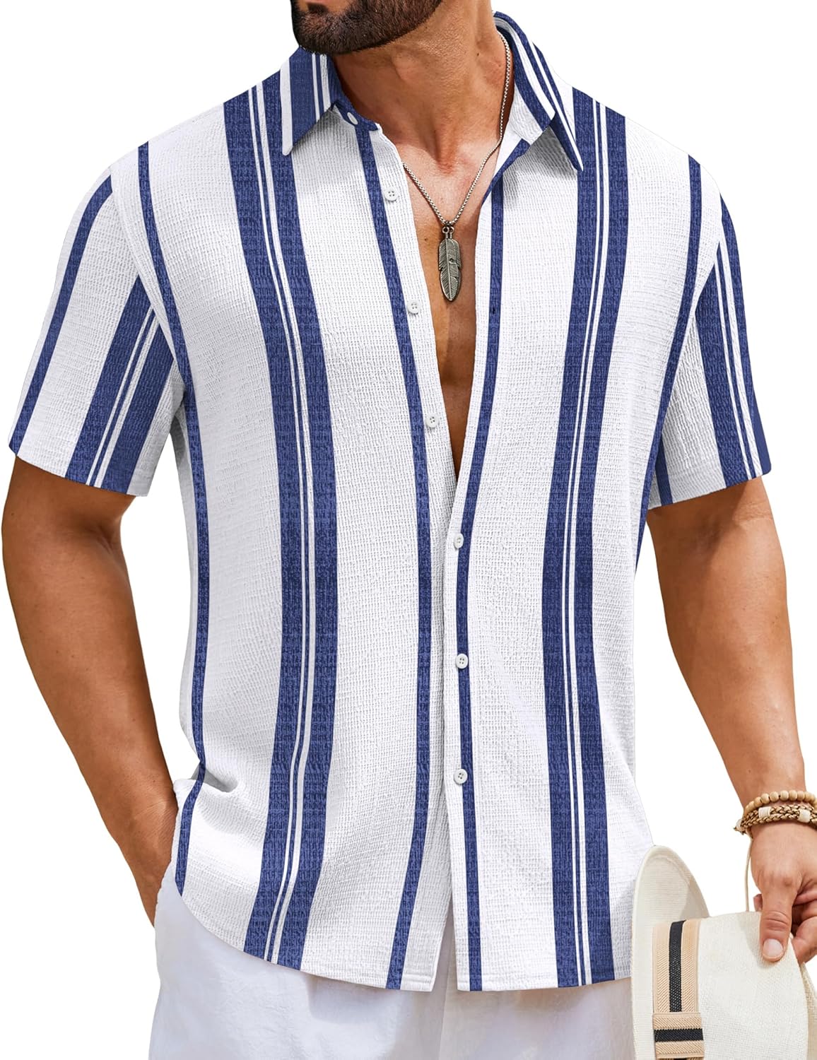 Camisa de hombre a rayas – Camisa de verano texturizada de manga corta