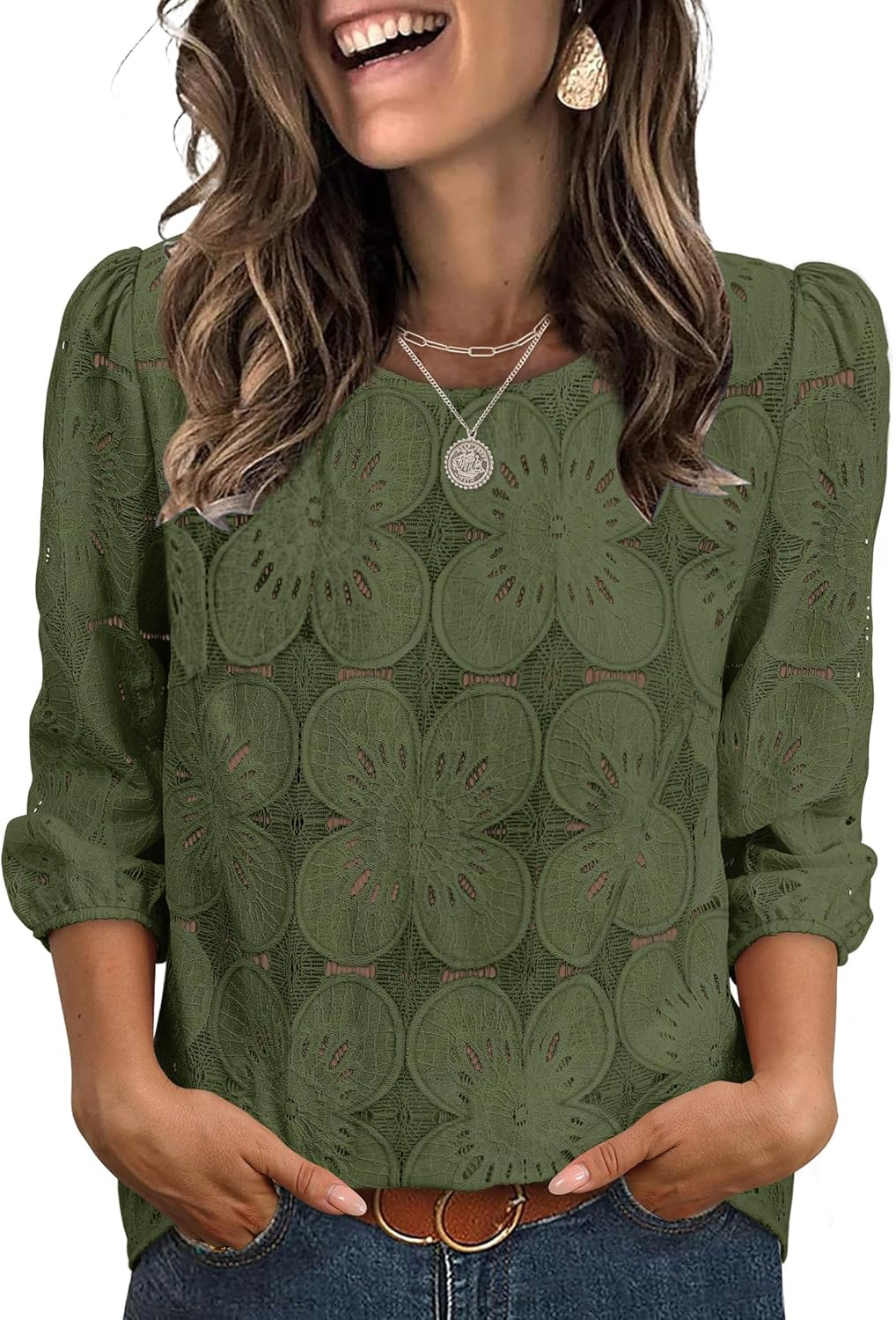 Magdalene Women's Lace Sangallo Blouse – 3/4 Sleeves, Elegant Casual Top Summer