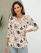 Sofia Blouse Femme – Col V, Manches 3/4, Tunique Plissée Élégante Décontractée