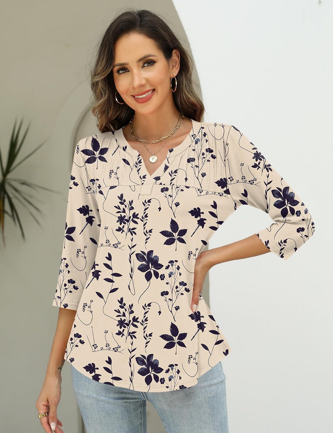 Sofia Women's Blouse – V-Neck, 3/4 Sleeves, Pleated Elegant Casual Tunic