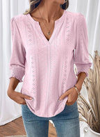 Laura Blusa Donna – Scollo V, Maniche 3/4 Traforate, Top Casual Elegante