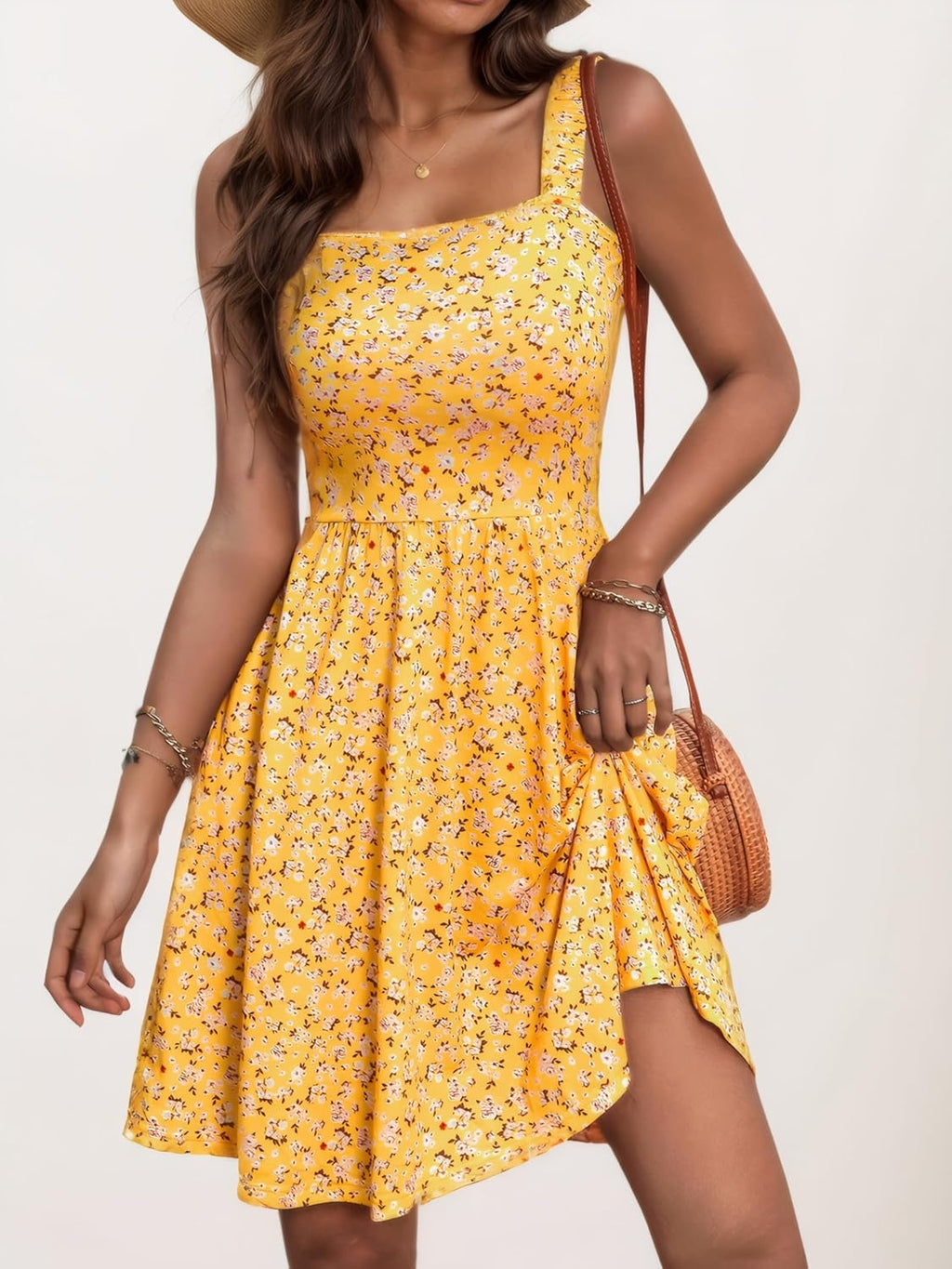 Macy Robe Femme Florale Midi – Col Carré, Ligne A, Poches Estivale