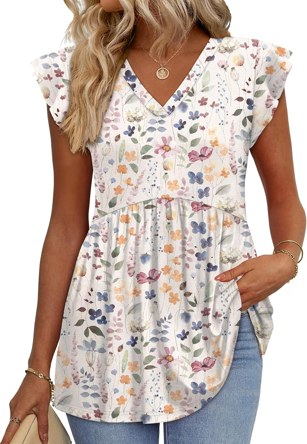 Valentina Women's Blouse – V-Neck, Ruffle Sleeves, Flowing Babydoll, Casual Elegant