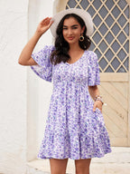 Robe Femme Martina Florale – Col V Smock, Manches Volantées, Ligne A Estivale