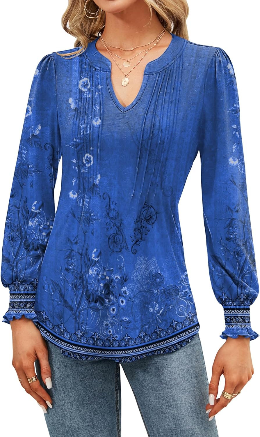 Francesca Blouse Femme – Col V, Manches Bouffantes, Tunique Florale Décontractée