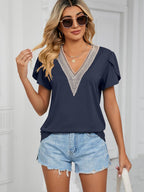 Chiara Women's Top – V-Neck with Lace, Petal Sleeves, Elegant Casual Blouse
