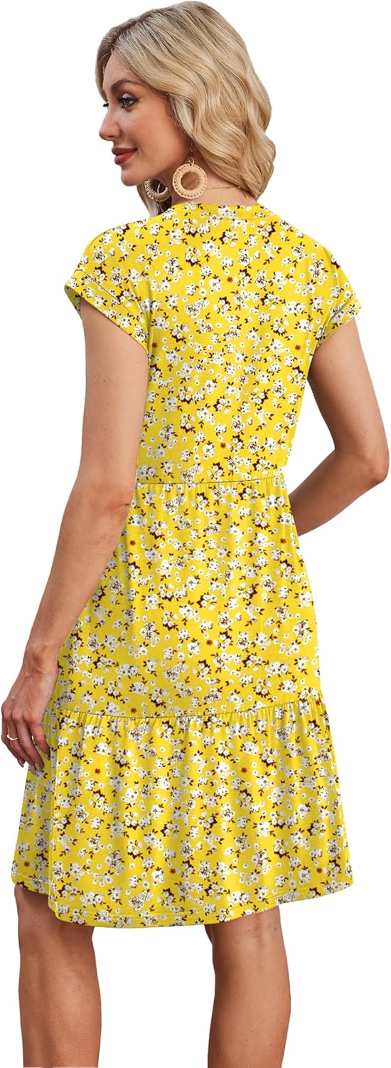 Marjorie Abito Donna Floreale – Maniche Corte, A Balze, A-Line, Tasche Estivo