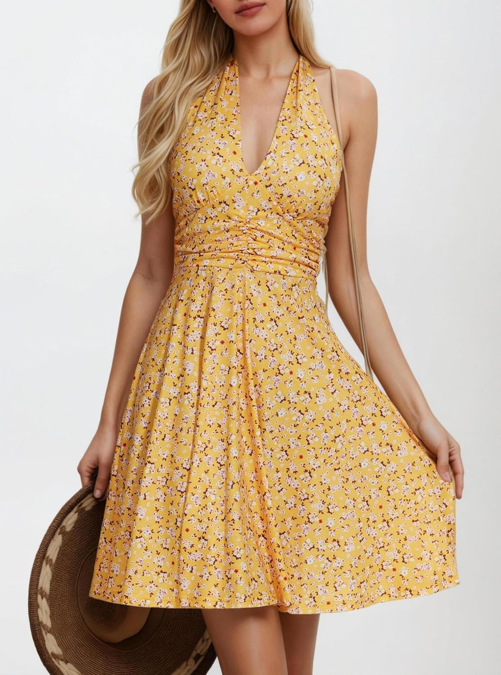 Ludy Robe Femme Halter Florale – Col V, Dos Nu, Poches Estivale