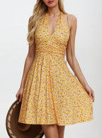 Ludy Robe Femme Halter Florale – Col V, Dos Nu, Poches Estivale