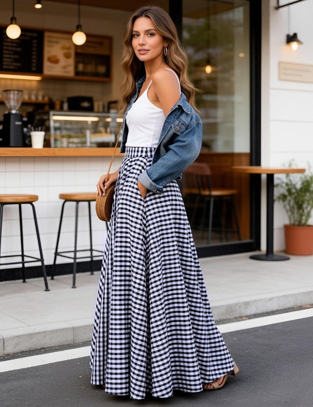 Emma Gonna Maxi Donna a Quadri – Gonna Lunga Vintage a Vita Alta con Tasche