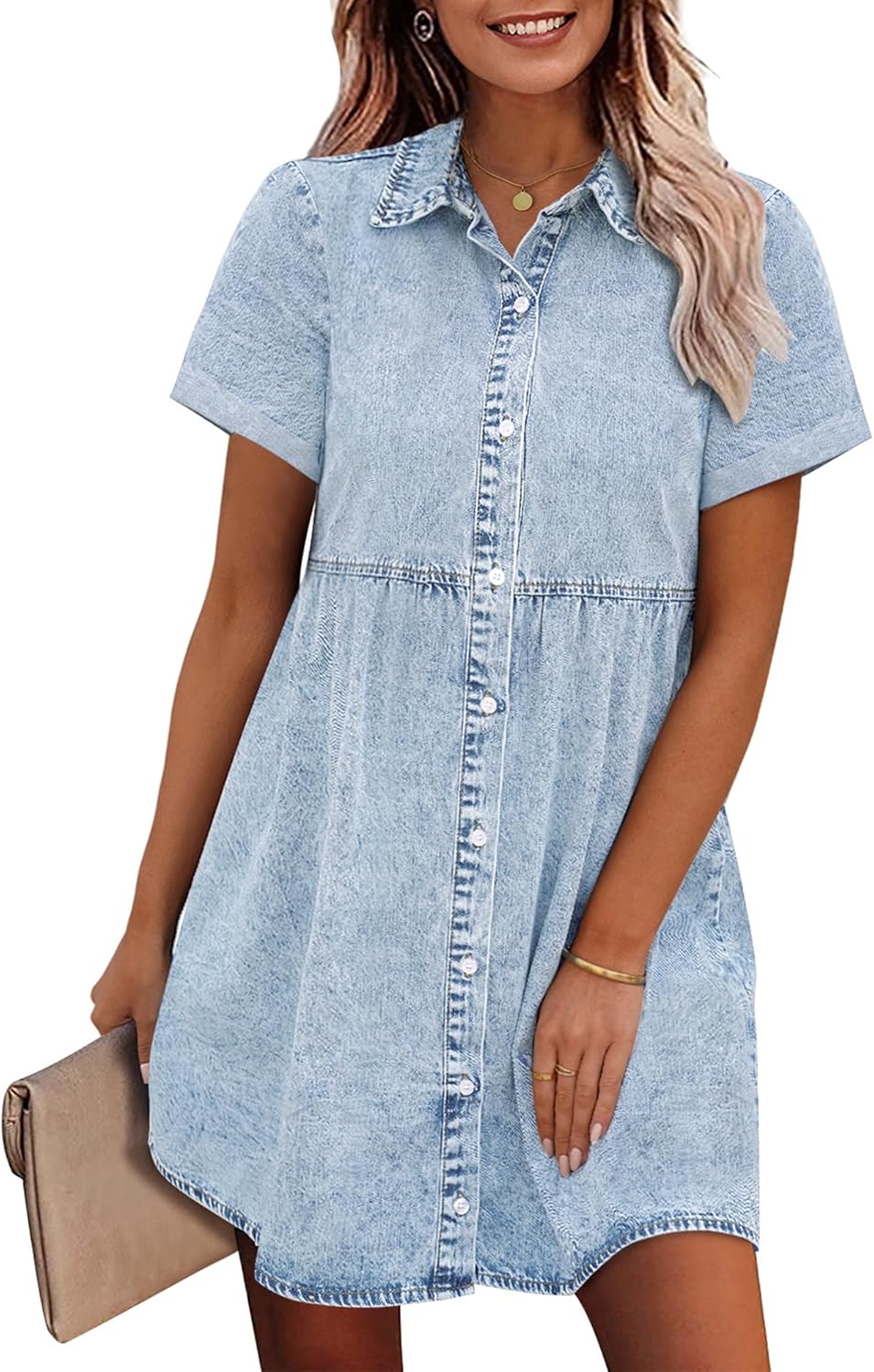 Vilma Abito Donna Denim – Babydoll, Bottoni, Maniche Corte, A-Line Estivo