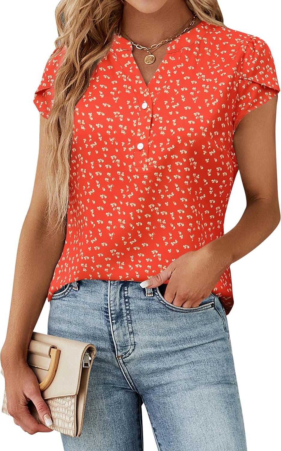 Beatrice Blusa Donna Elegante – Scollo V, Bottoni, Maniche Corte, Casual Chic