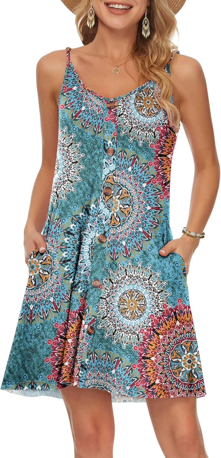 Luna Vestido Mini Mujer de Verano – Tirantes Cuello V, Bolsillos Vestido Casual Chic