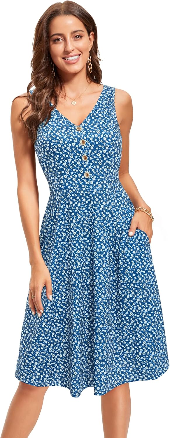 Melany Abito Donna Midi Floreale – Scollo V, Senza Maniche, Tasche Estivo