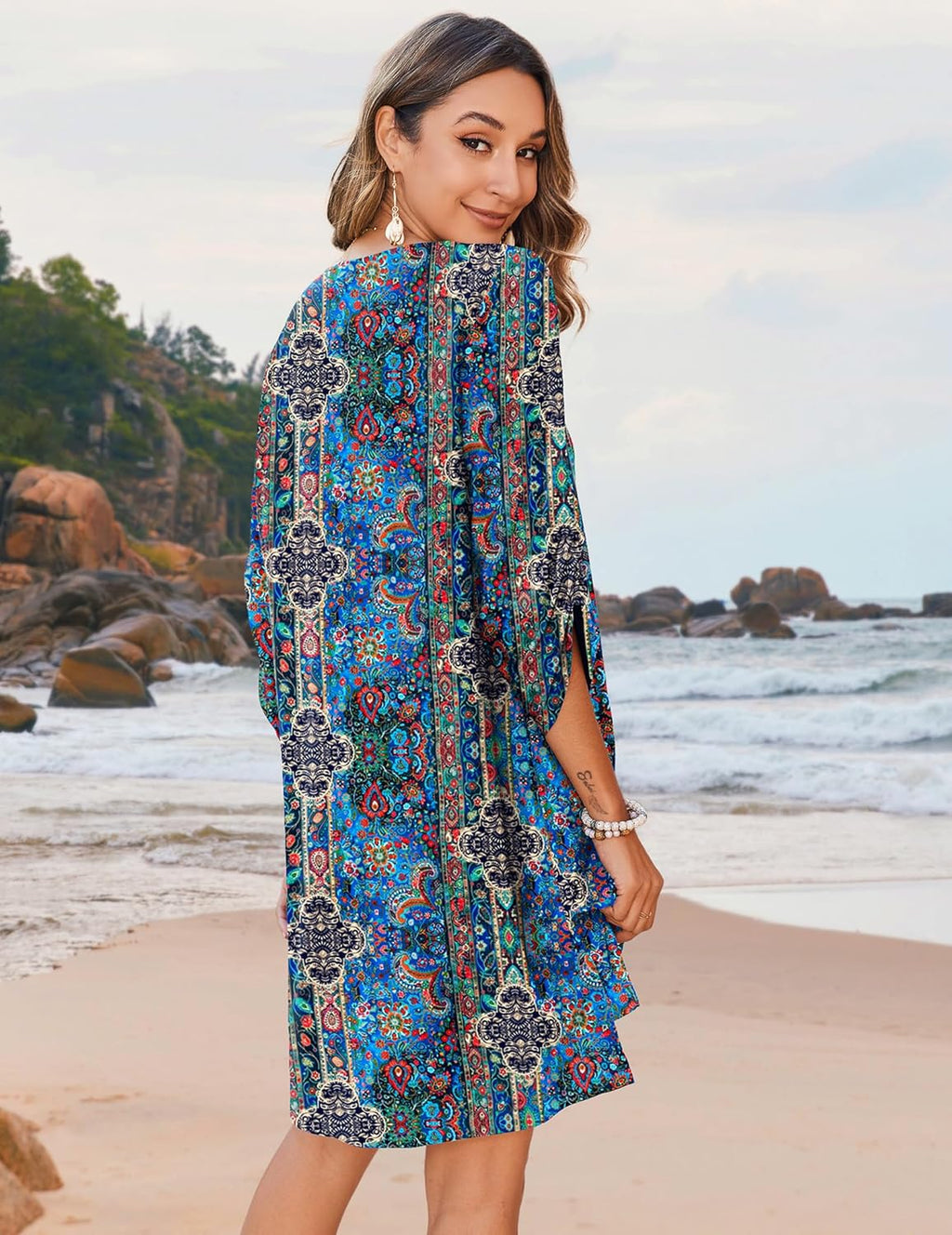 Bianca Robe Femme – Tunique Bohème Florale, Col V, Manches 3/4 Décontractée
