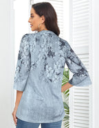 Martina Women's Blouse – V-Neck, 3/4 Sleeves, Pleated Floral Elegant Tunic