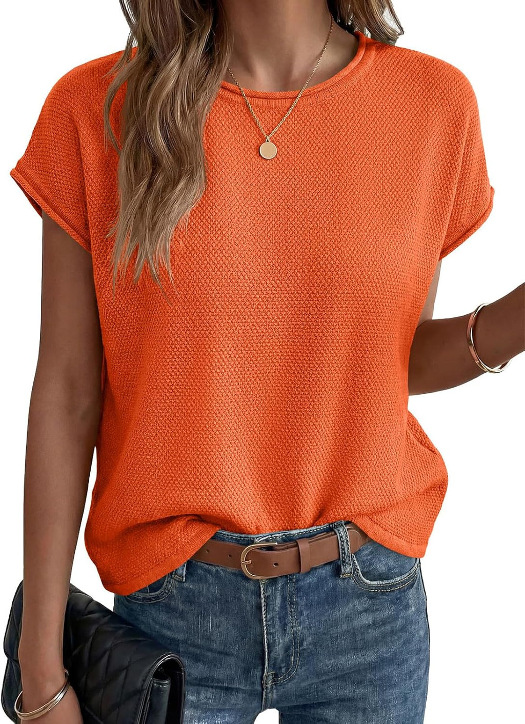 Pull Femme Alessia en Maille Waffle – Manches Courtes, Col Rond, Oversize Décontracté
