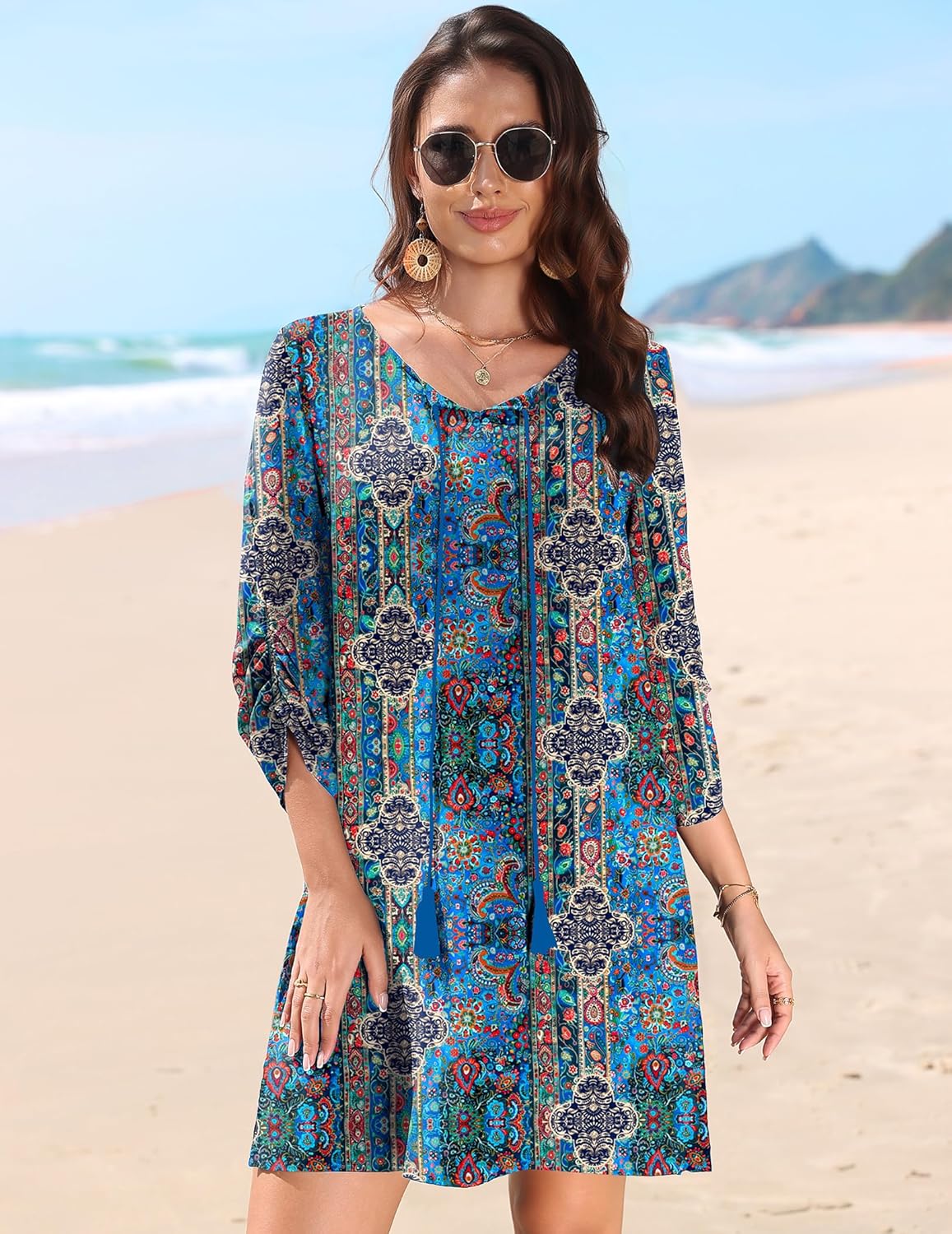 Bianca Robe Femme – Tunique Bohème Florale, Col V, Manches 3/4 Décontractée