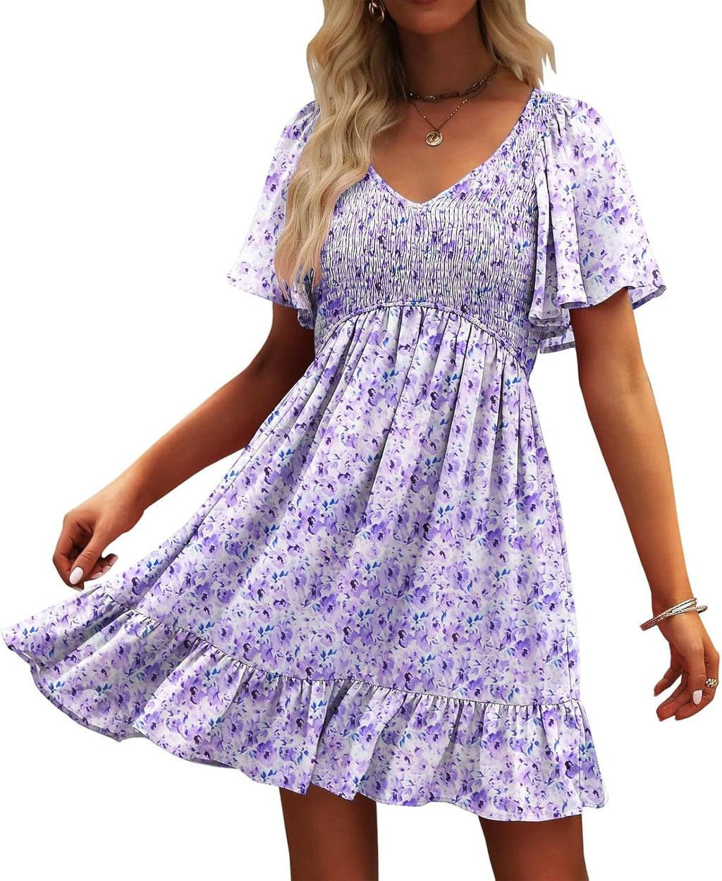 Robe Femme Martina Florale – Col V Smock, Manches Volantées, Ligne A Estivale