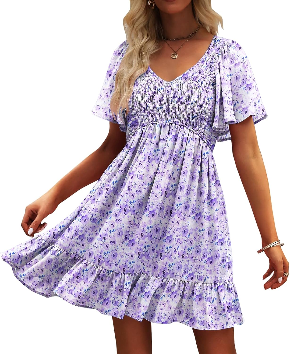 Robe Femme Martina Florale – Col V Smock, Manches Volantées, Ligne A Estivale