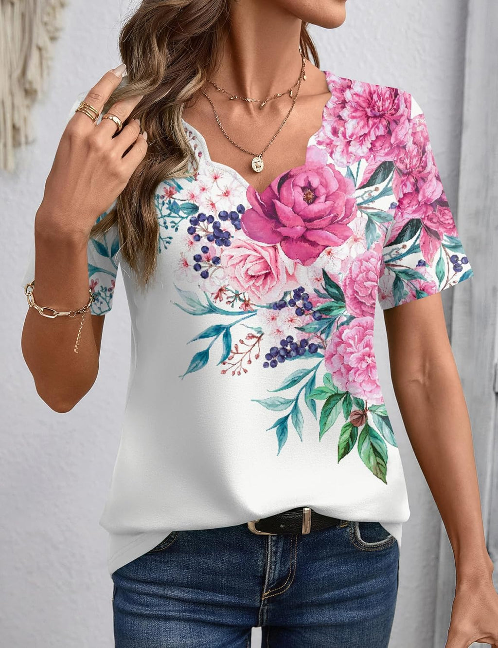 Sofia Top Donna – Scollo V Ondulato, T-Shirt Casual Elegante Maniche Corte