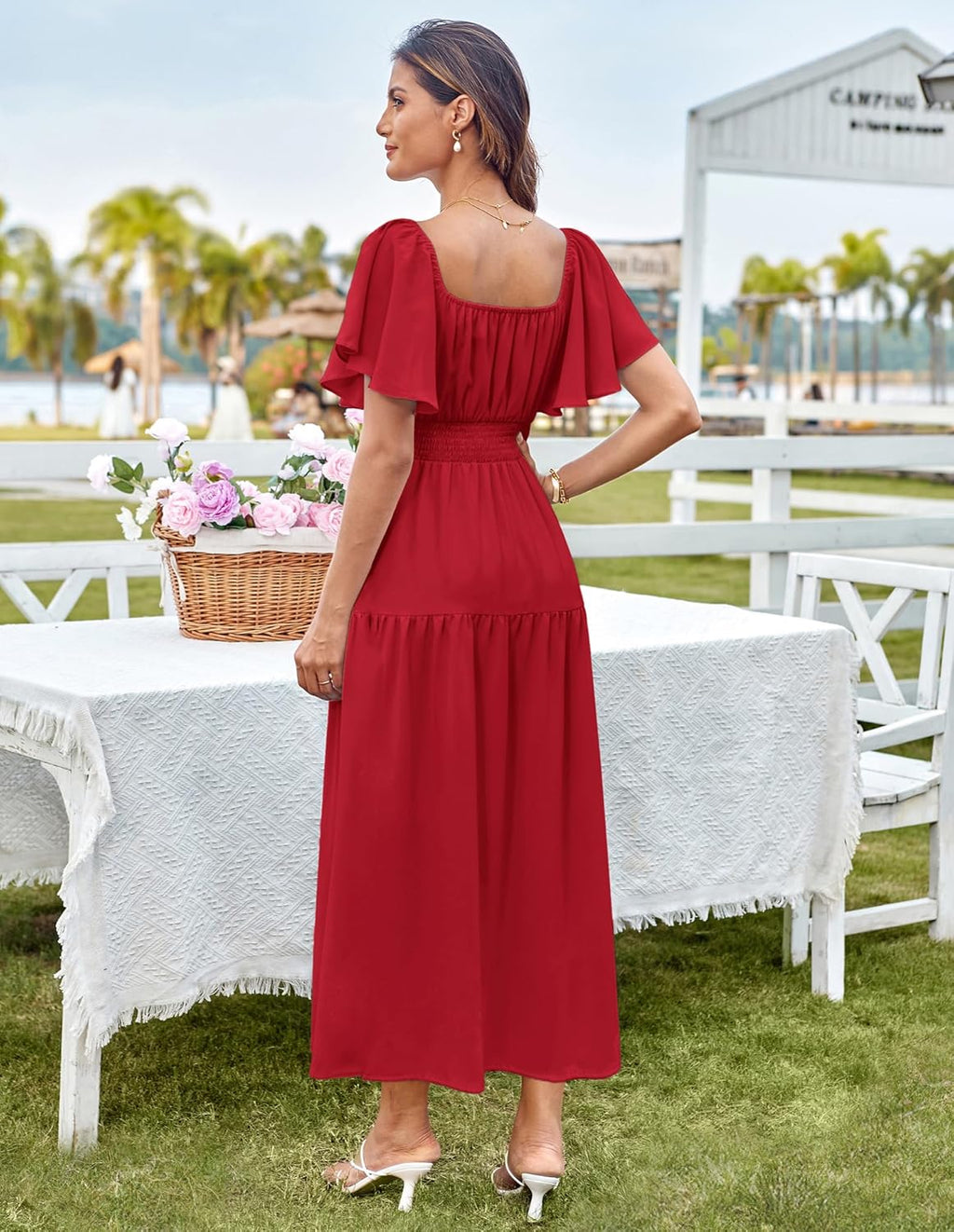Sofia Robe Femme Maxi Chiffon – Col Carré/Épaules Dénudées, Coupe A-Line Élégante