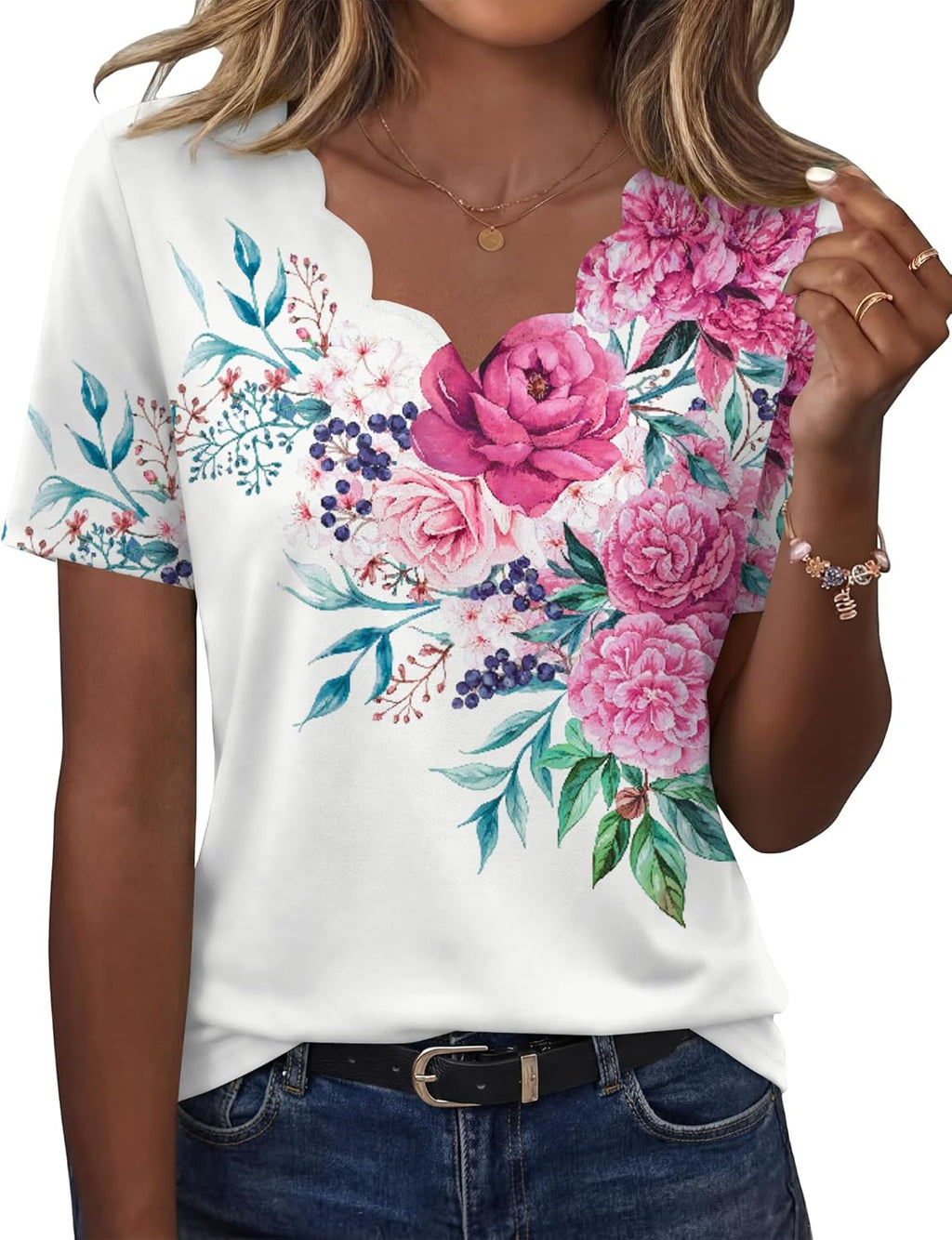 Sofia Top Donna – Scollo V Ondulato, T-Shirt Casual Elegante Maniche Corte