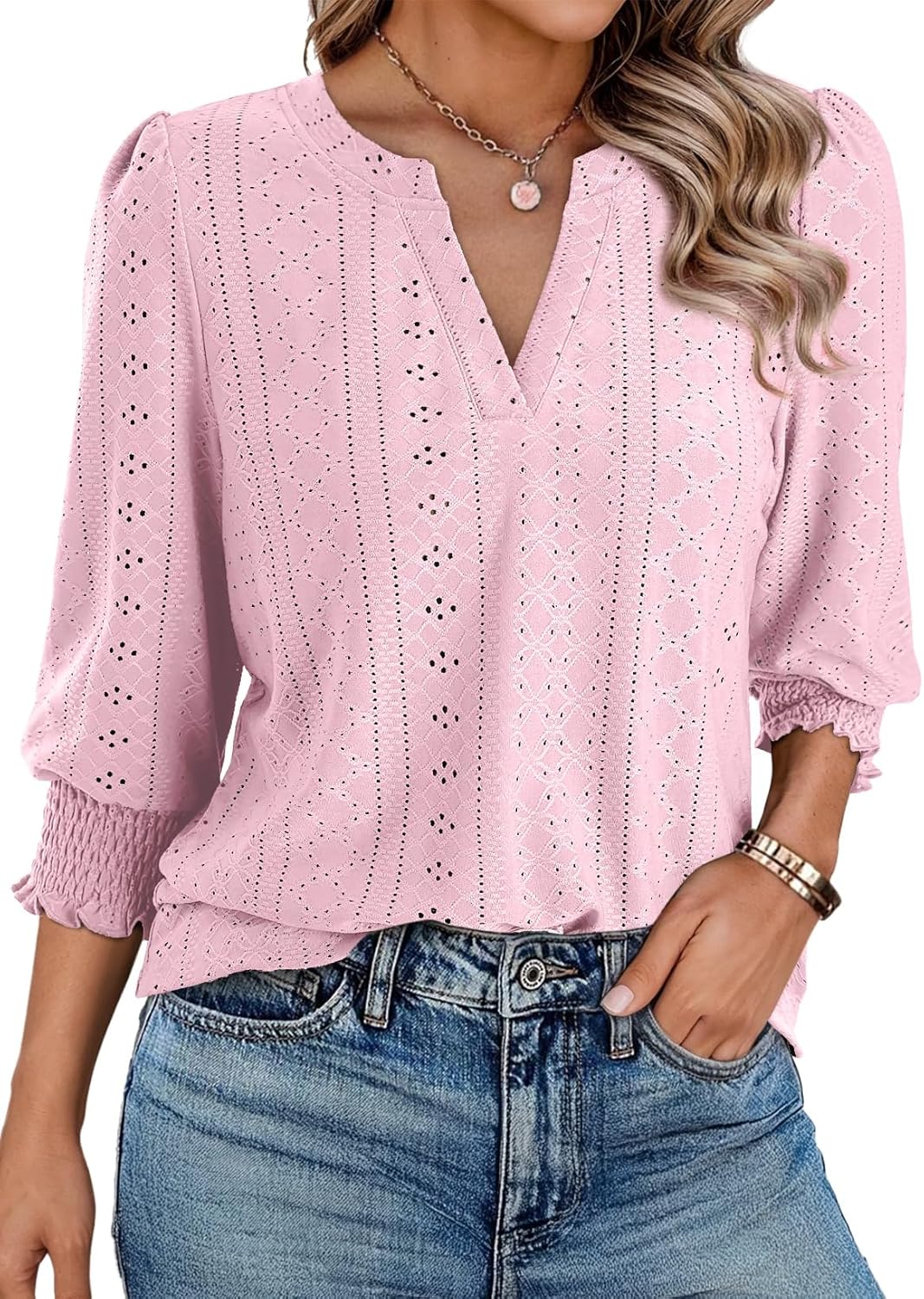Laura Blusa Donna – Scollo V, Maniche 3/4 Traforate, Top Casual Elegante